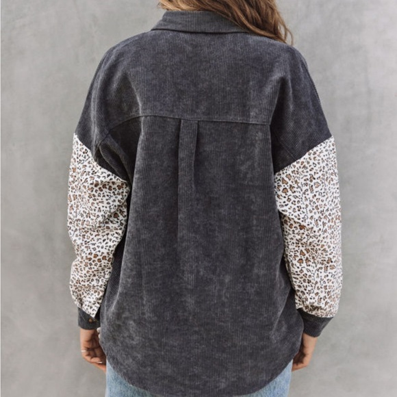 Gray Leopard Corduroy Button Down Shirt - Picture 3 of 4